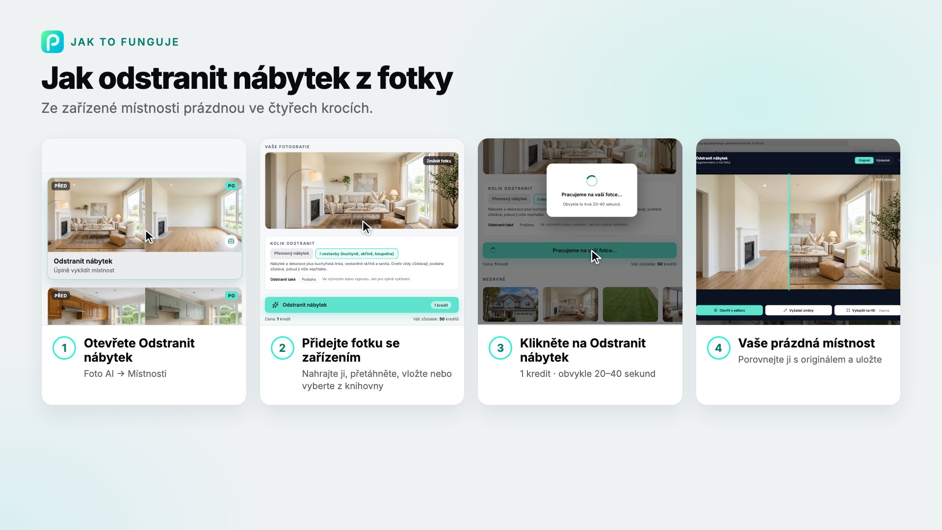 Kroky nástroje Odstranit nábytek v Pixly se snímkem každého z nich