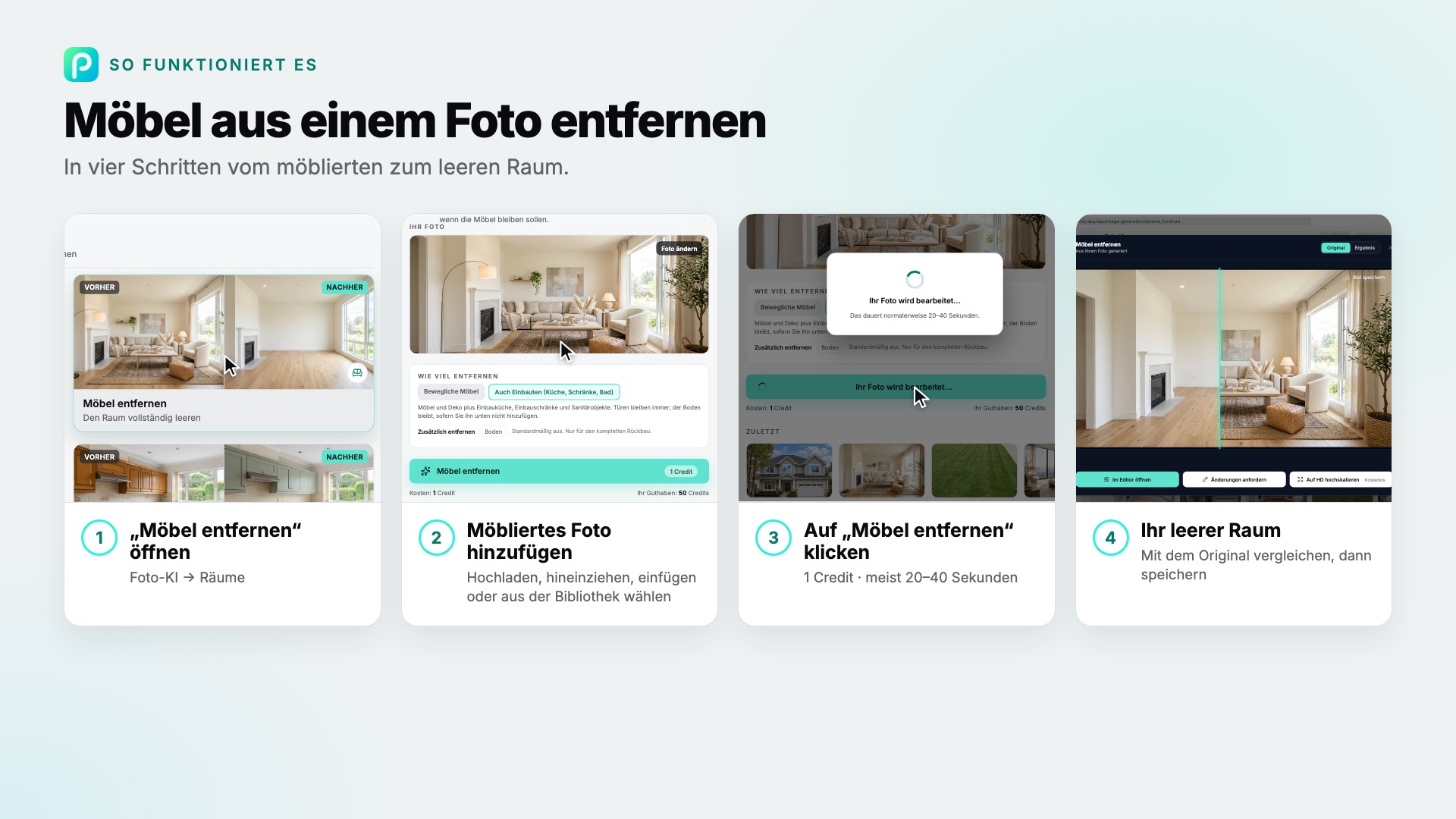 Die Schritte von „Möbel entfernen“ in Pixly, mit Screenshots