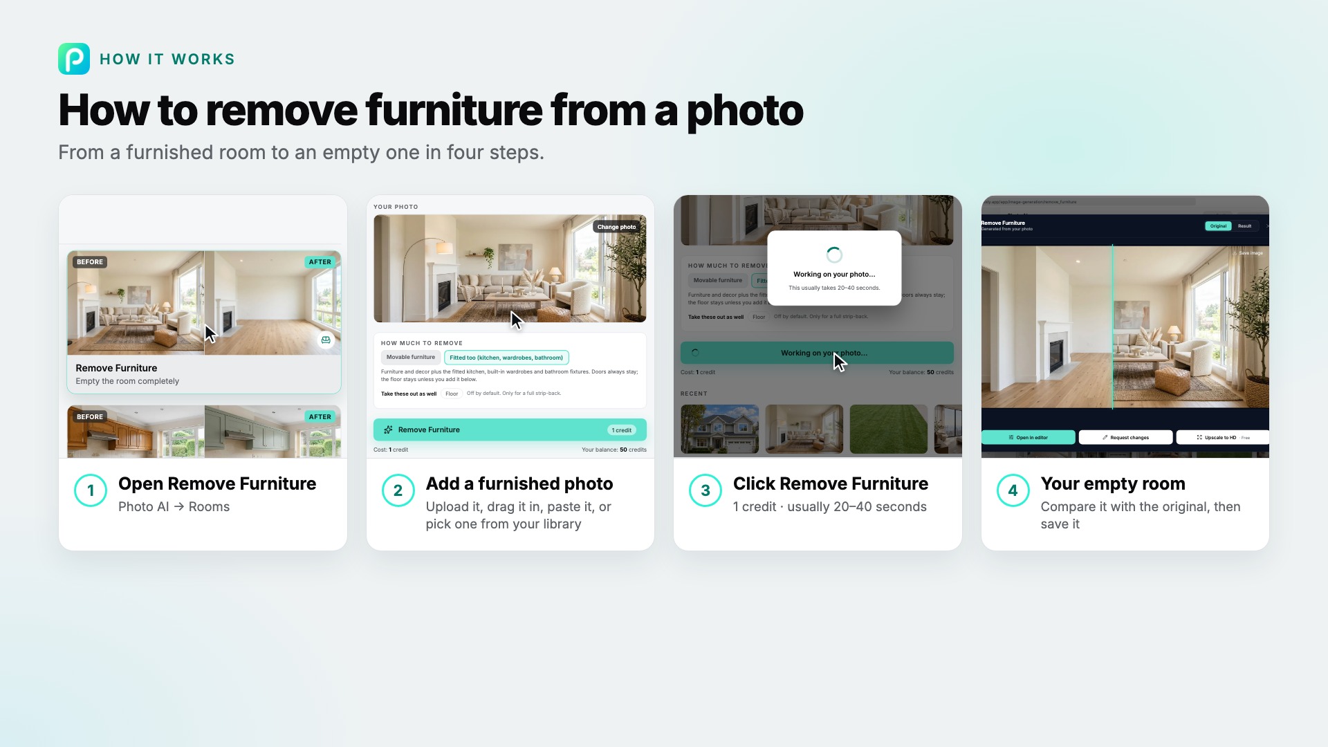 The Remove Furniture steps in Pixly, with screenshots of each
