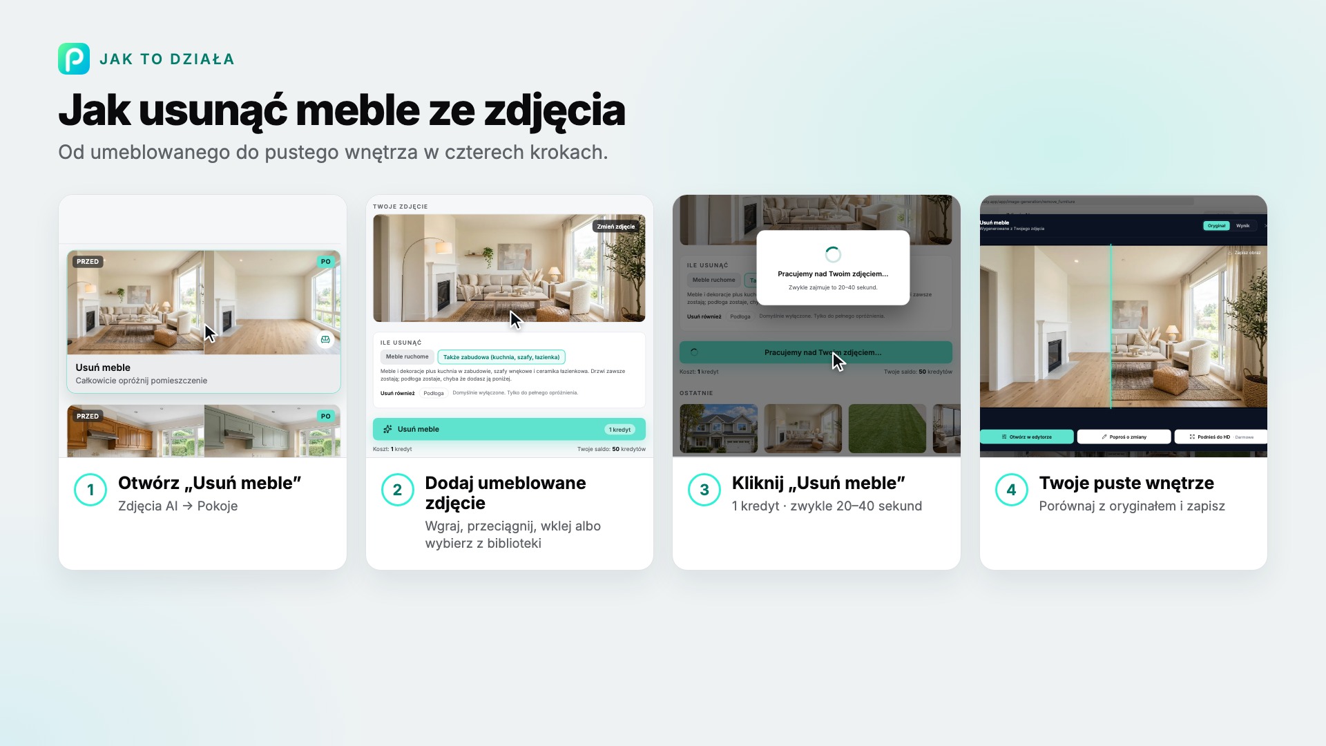 Kroki narzędzia „Usuń meble” w Pixly, ze zrzutem ekranu każdego