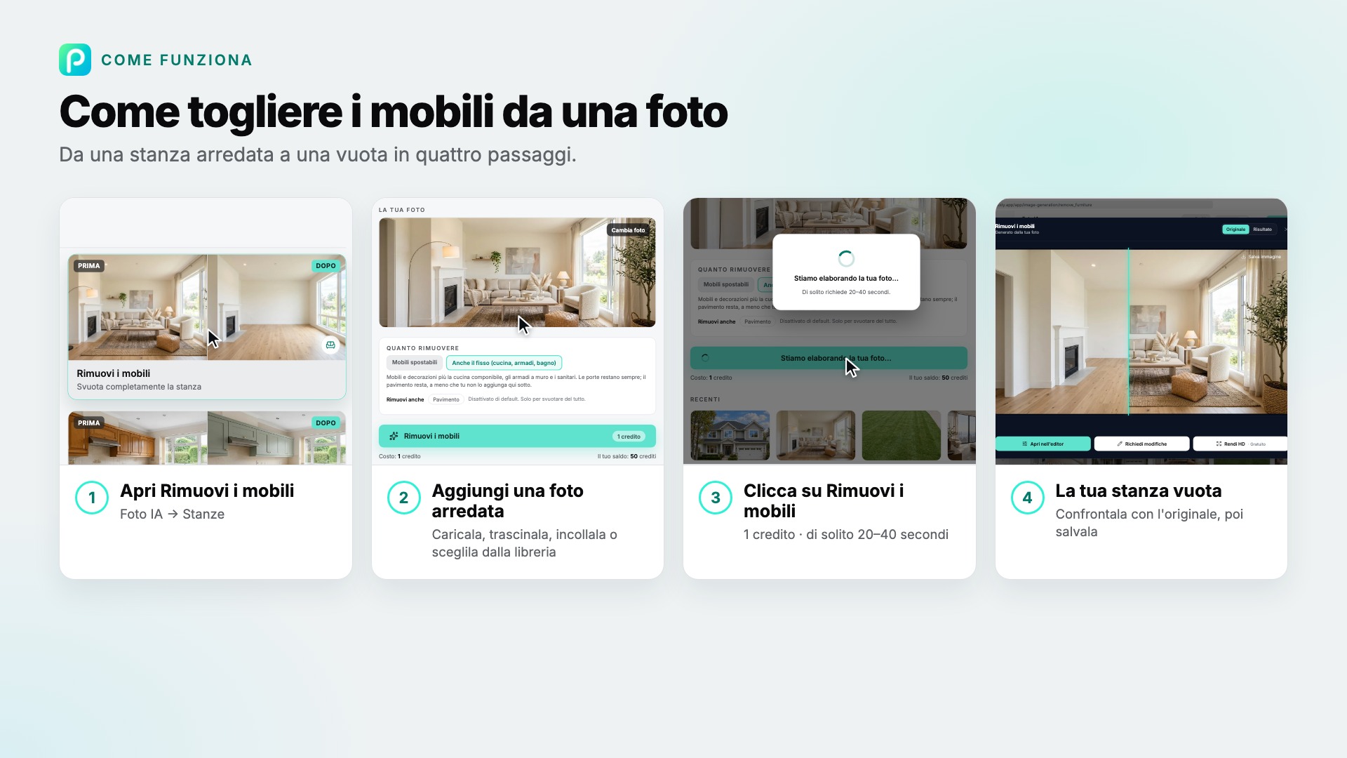 I passaggi di Rimuovi i mobili in Pixly, con uno screenshot di ciascuno
