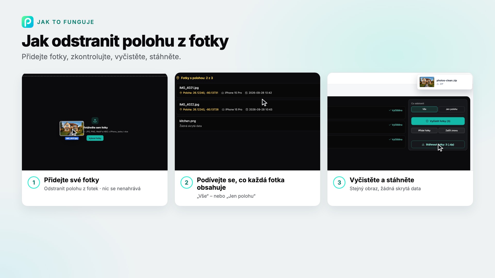 Kroky nástroje Odstranit polohu z fotek v Pixly se snímkem každého z nich