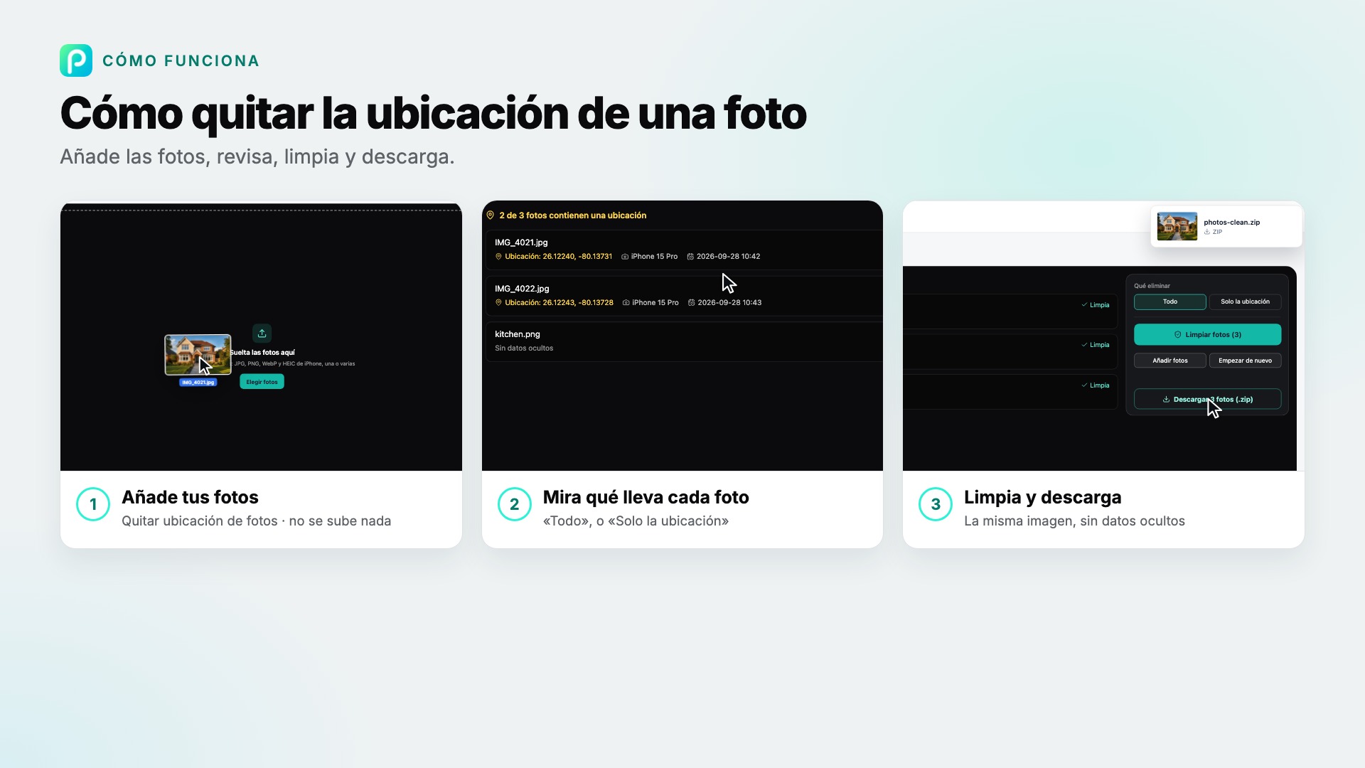 Los pasos de Quitar ubicación de fotos en Pixly, con capturas de cada uno