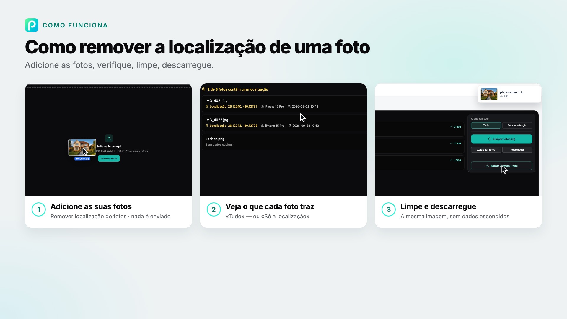 Os passos de Remover localização de fotos no Pixly, com capturas de cada um