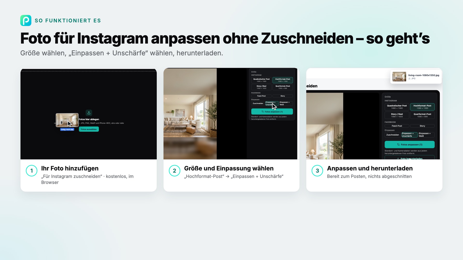Die Schritte von „Für Instagram zuschneiden“ in Pixly, mit Screenshots