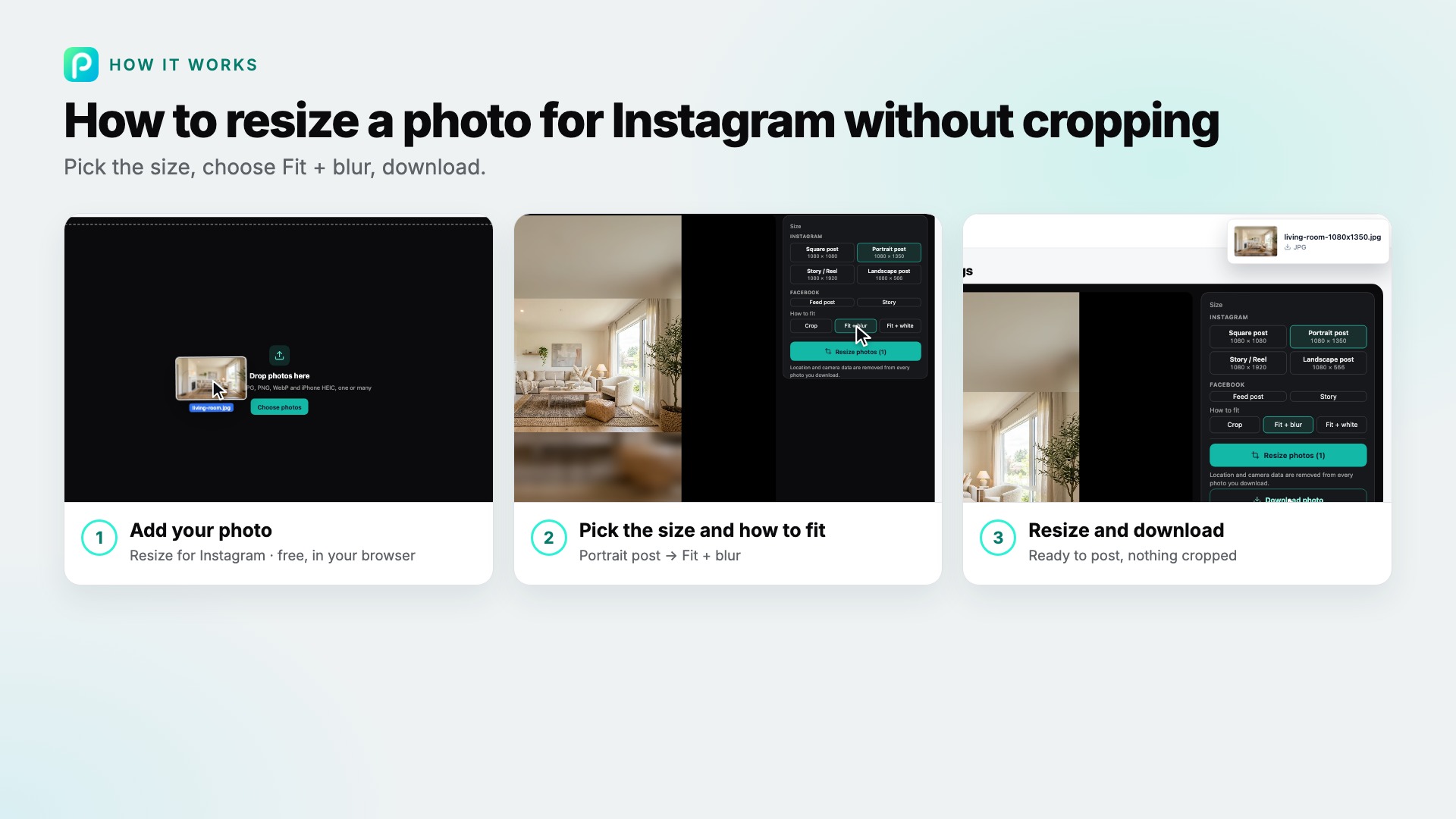 The Resize for Instagram steps in Pixly, with screenshots of each