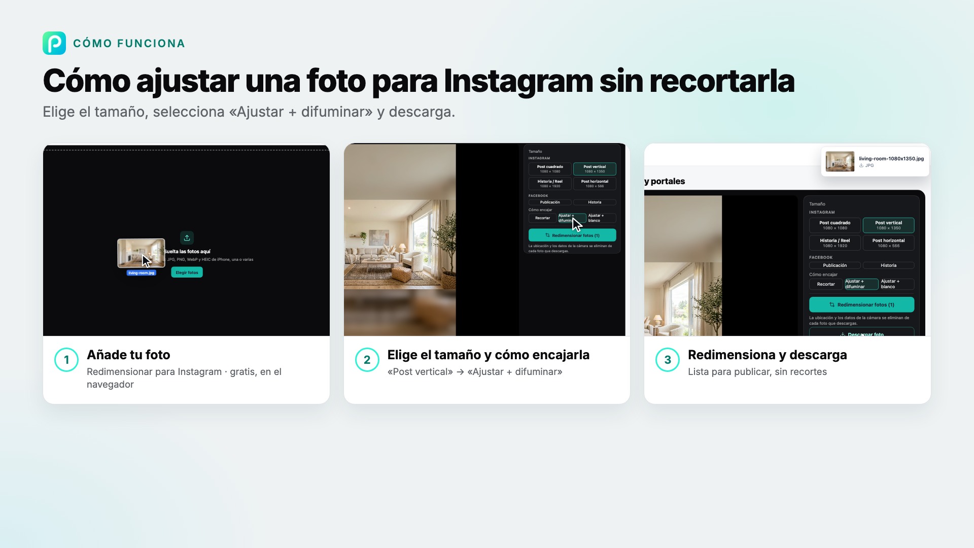 Los pasos de Redimensionar para Instagram en Pixly, con capturas de cada uno
