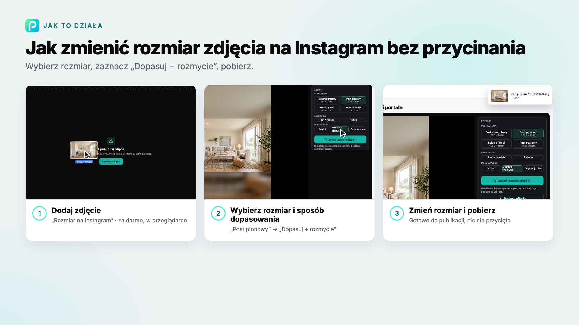 Kroki narzędzia „Rozmiar na Instagram” w Pixly, ze zrzutem ekranu każdego