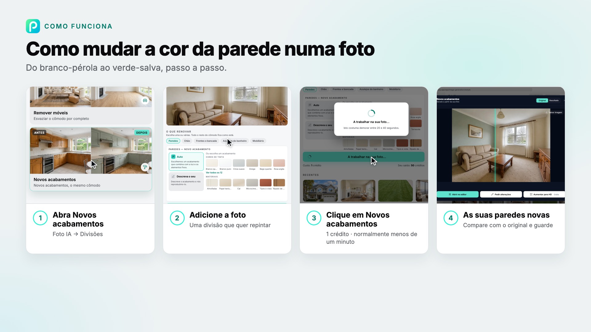 Os passos de Novos acabamentos no Pixly, com capturas de cada um