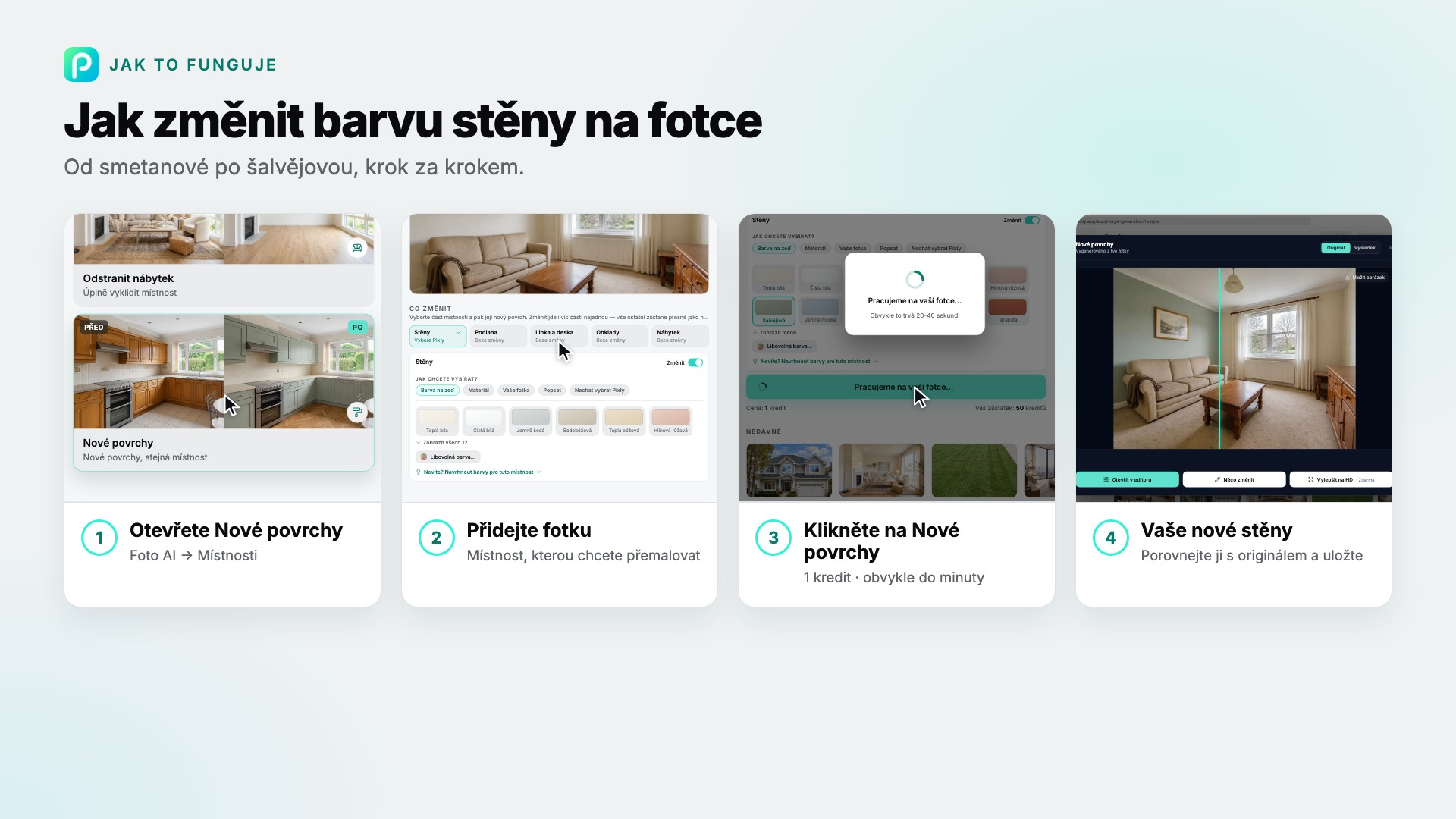 Kroky nástroje Nové povrchy v Pixly se snímkem každého z nich