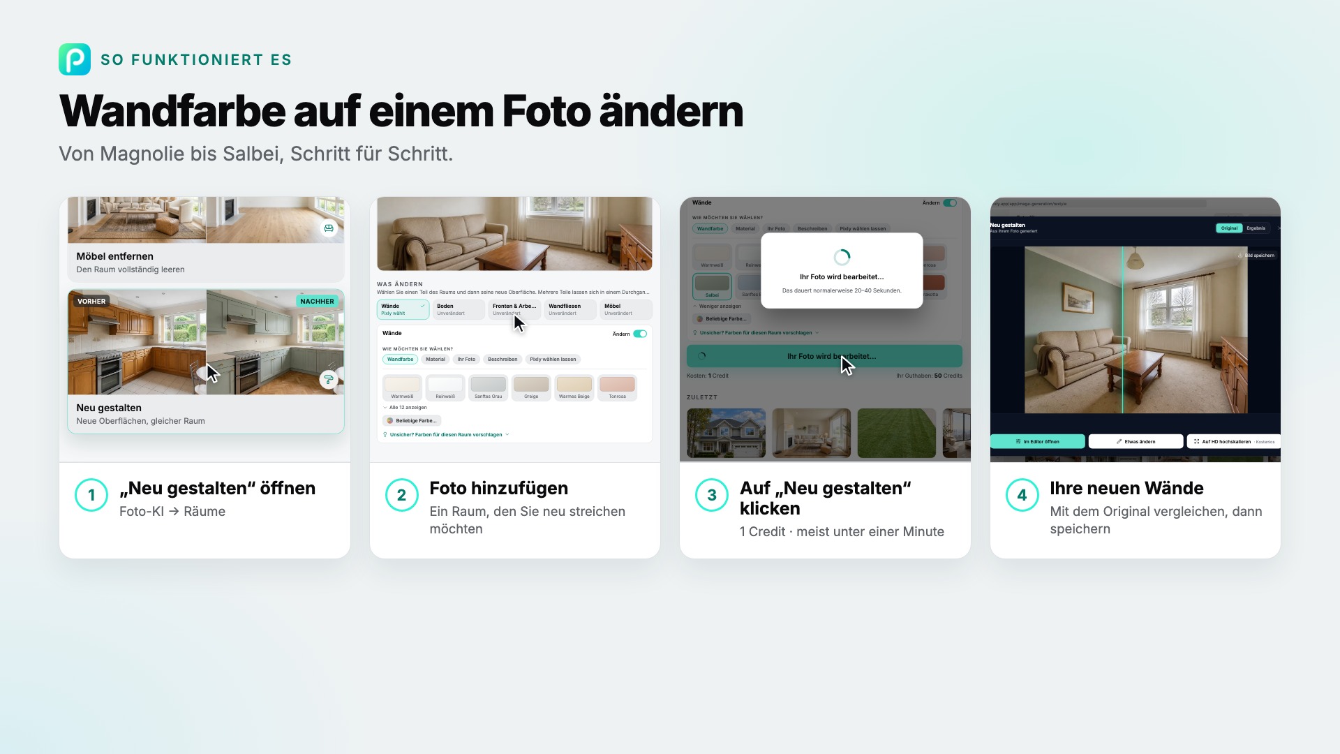 Die Schritte von „Neu gestalten“ in Pixly, mit Screenshots