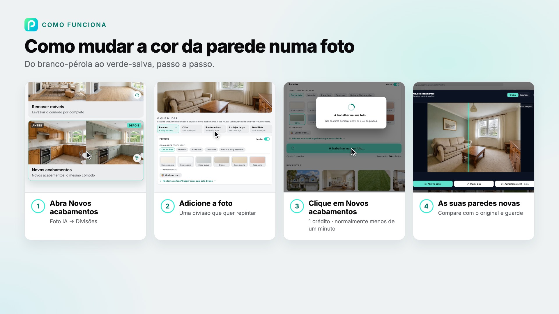 Os passos de Novos acabamentos no Pixly, com capturas de cada um