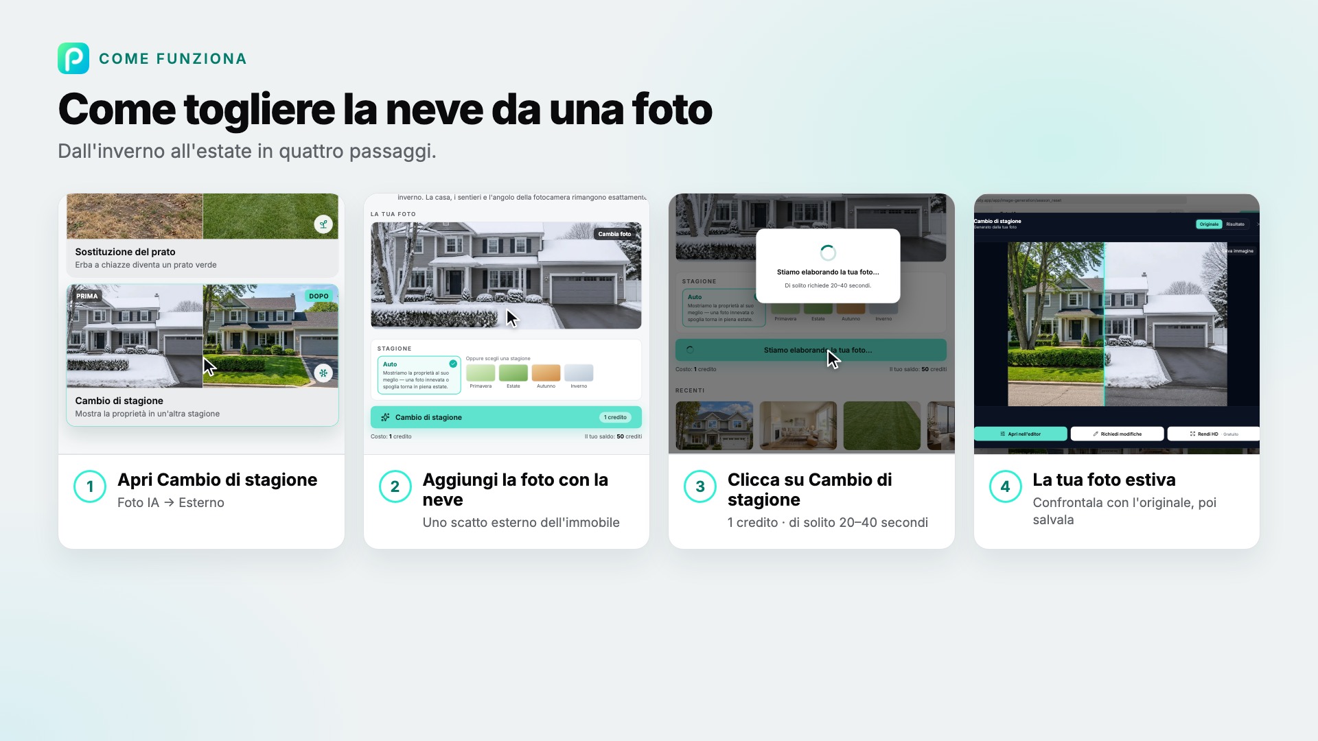 I passaggi di Cambio di stagione in Pixly, con uno screenshot di ciascuno