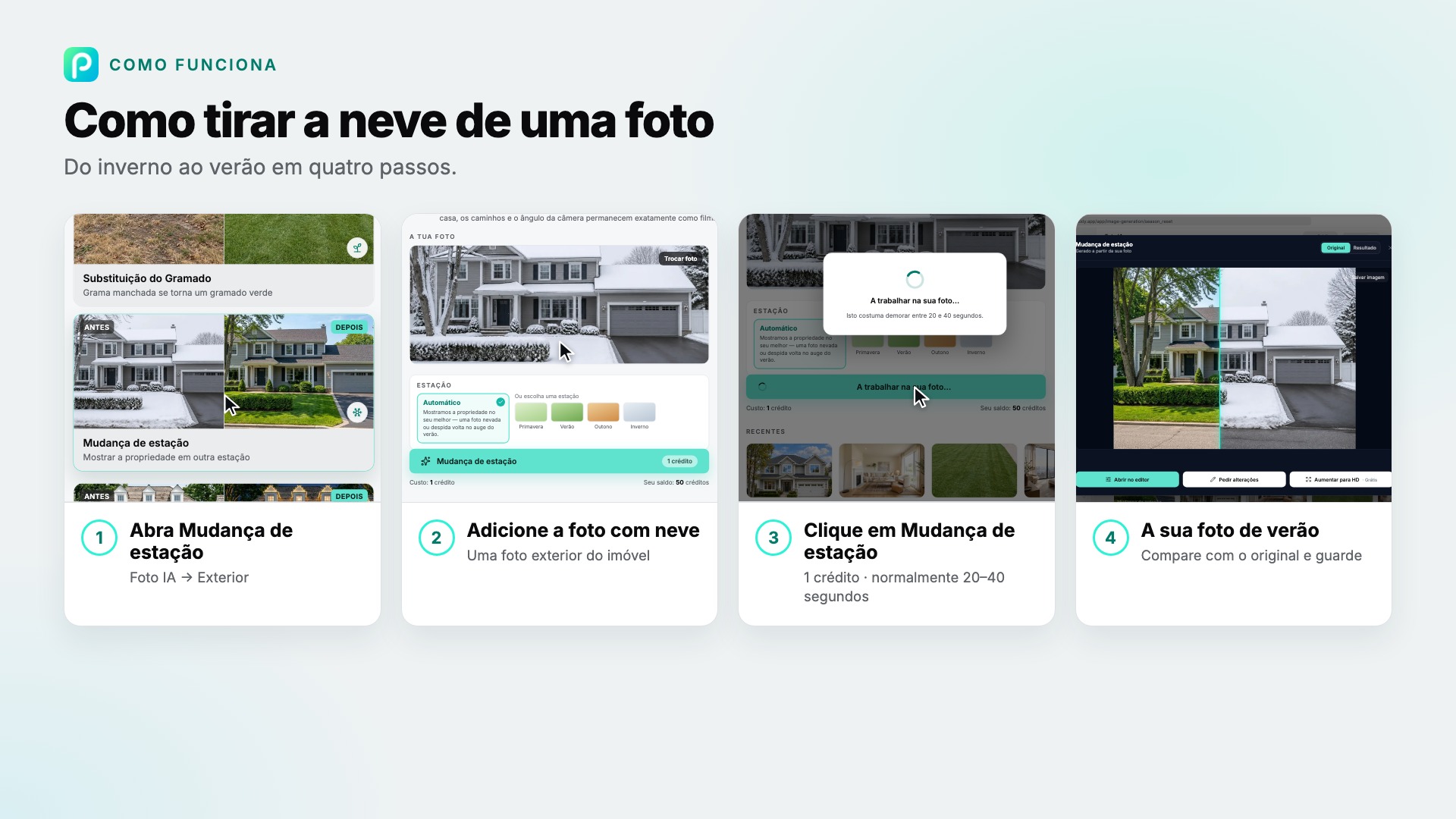 Os passos de Mudança de estação no Pixly, com capturas de cada um