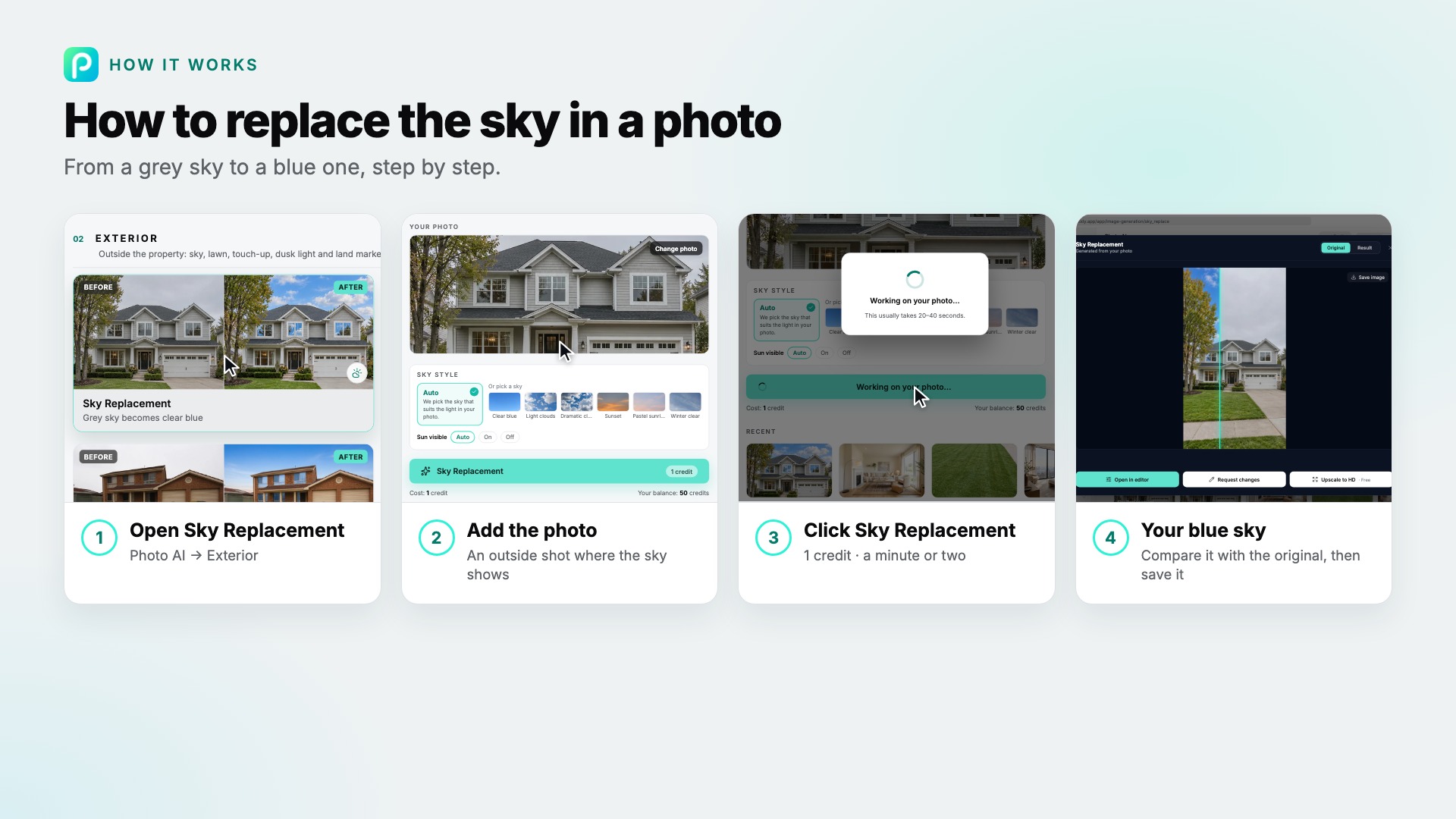 The Sky Replacement steps in Pixly, with screenshots of each