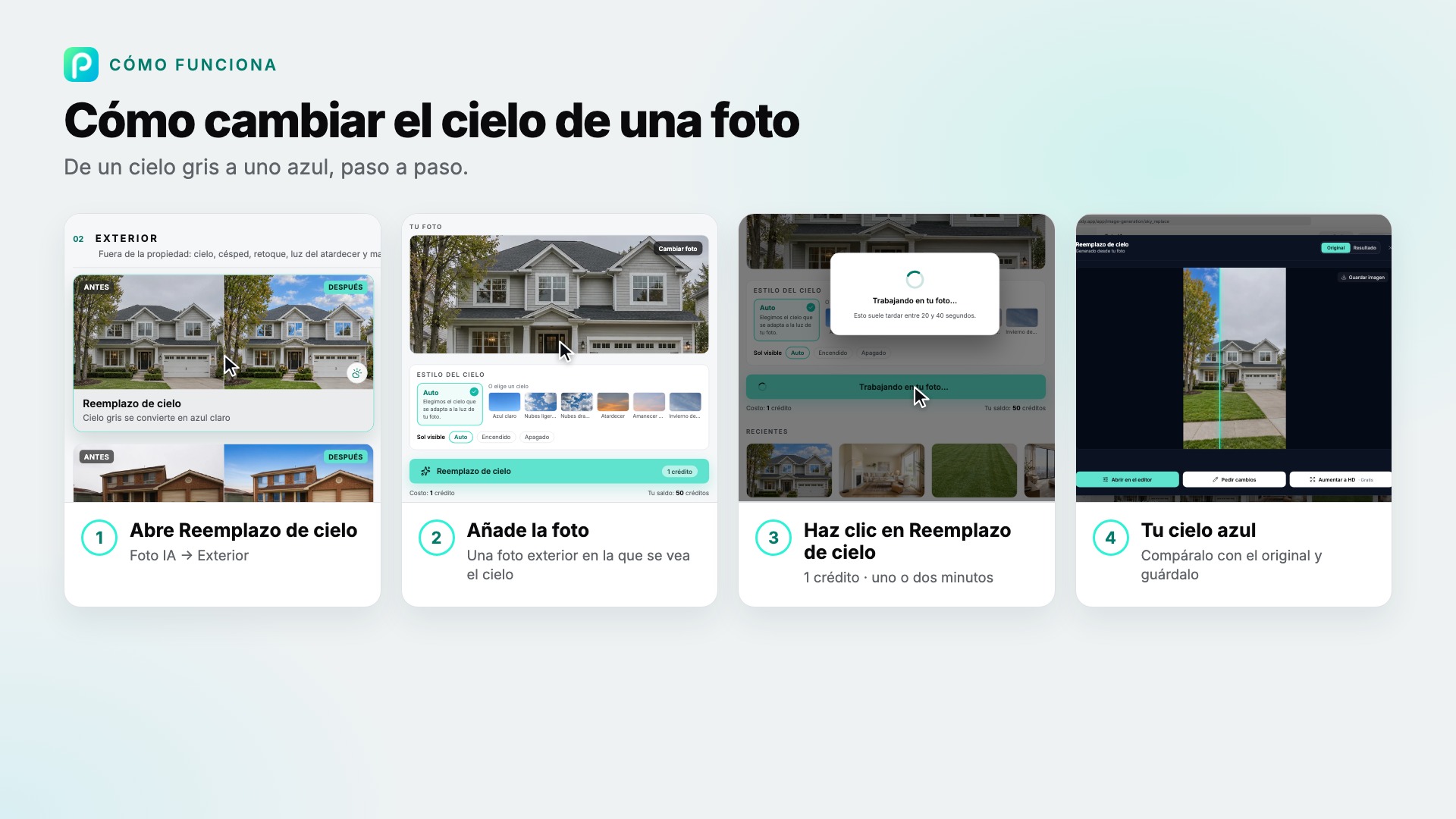 Los pasos de Reemplazo de cielo en Pixly, con capturas de cada uno