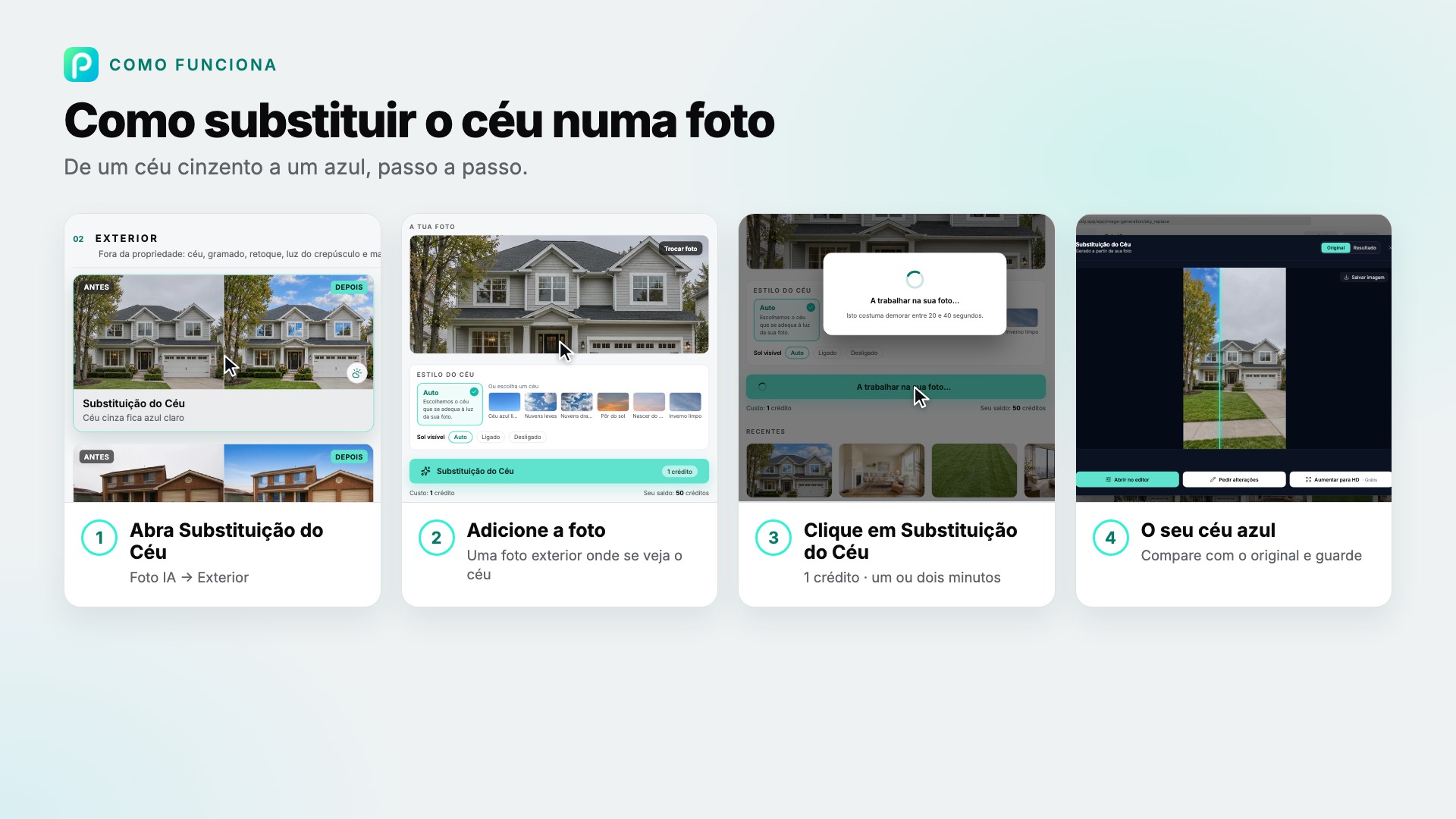 Os passos de Substituição do Céu no Pixly, com capturas de cada um