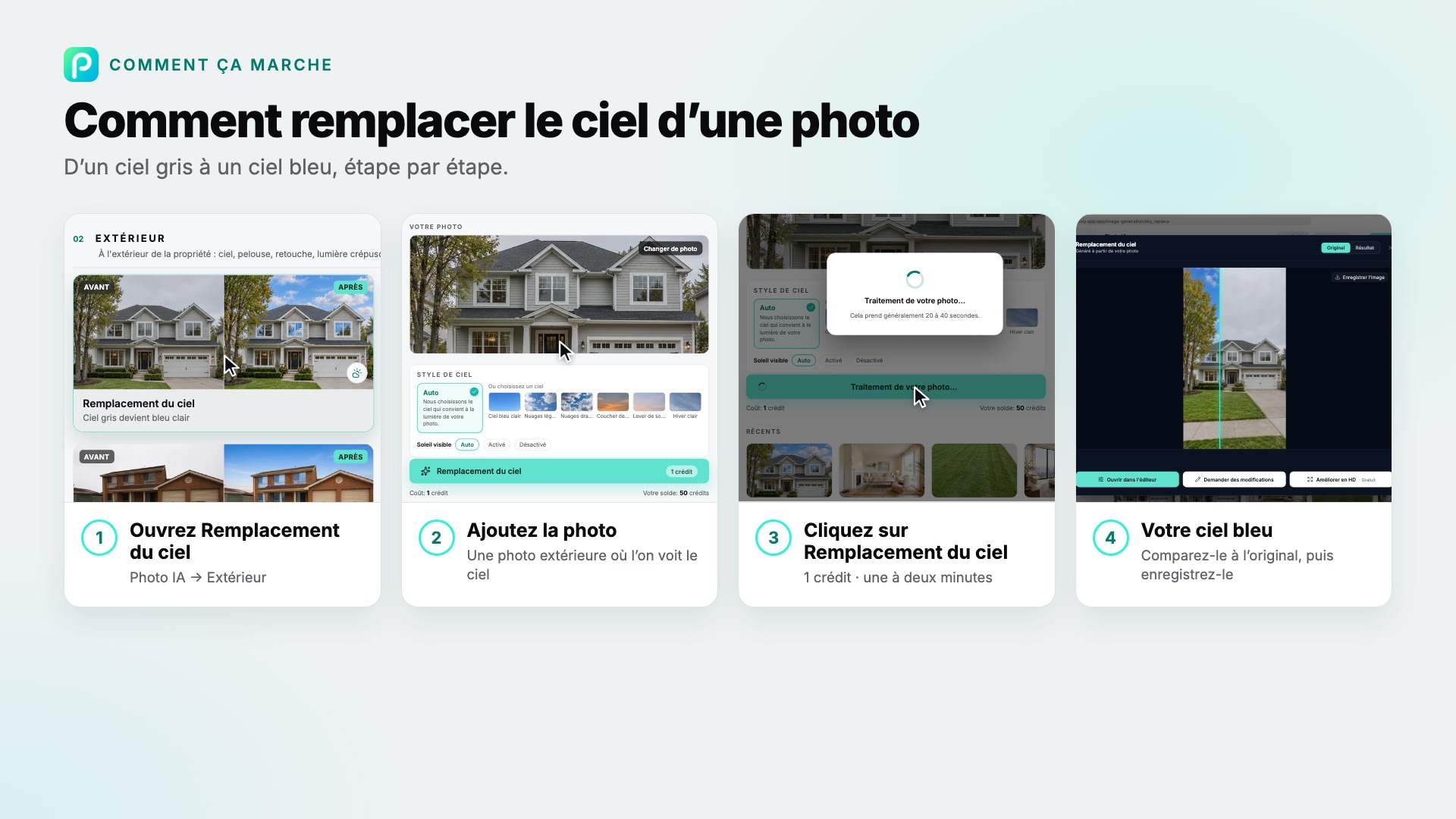 Les étapes de Remplacement du ciel dans Pixly, avec une capture de chacune