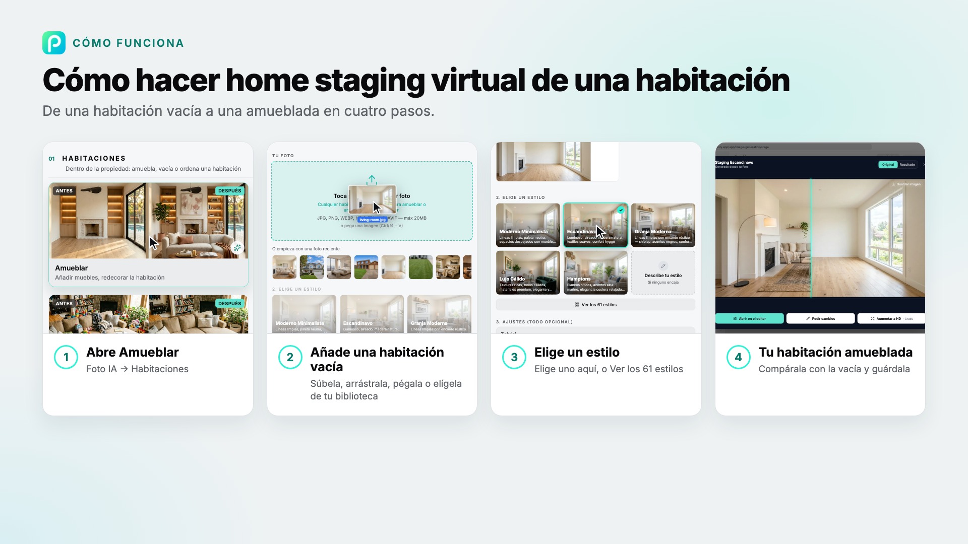 Los pasos de Amueblar en Pixly, con capturas de cada uno