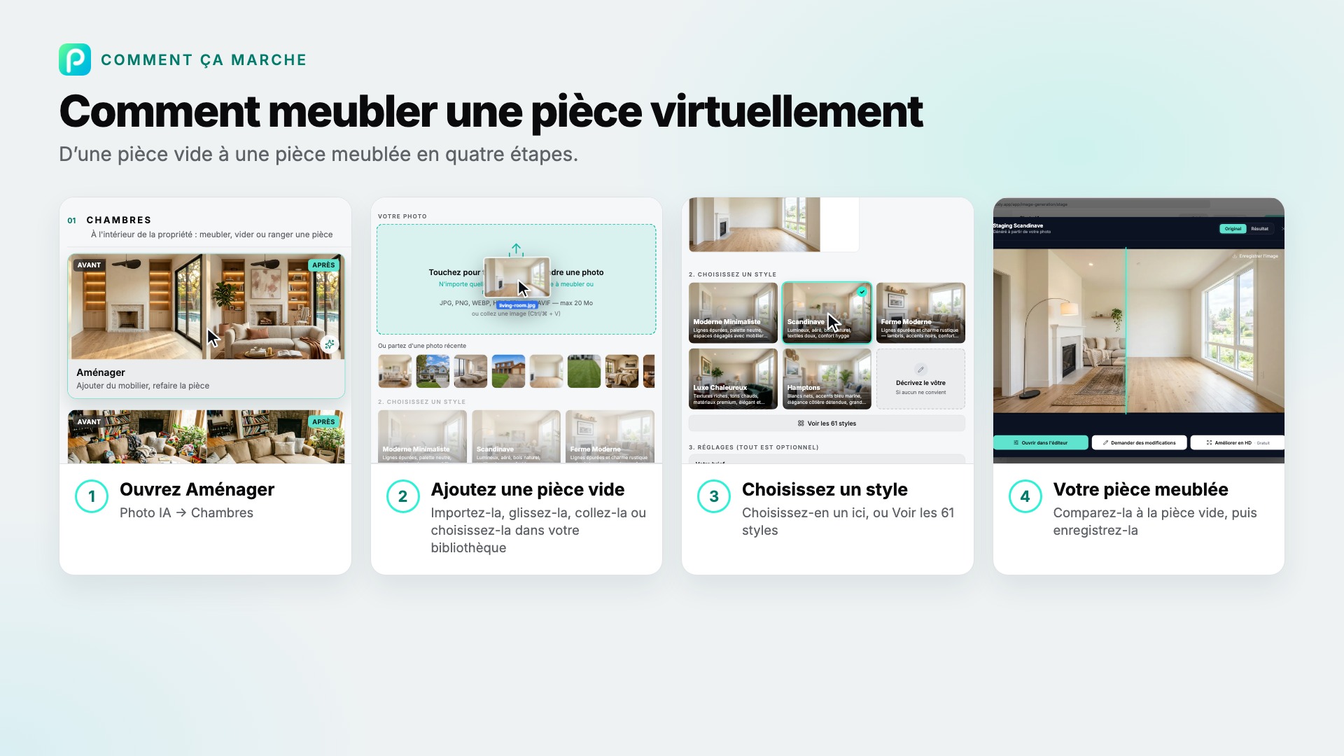 Les étapes de Aménager dans Pixly, avec une capture de chacune