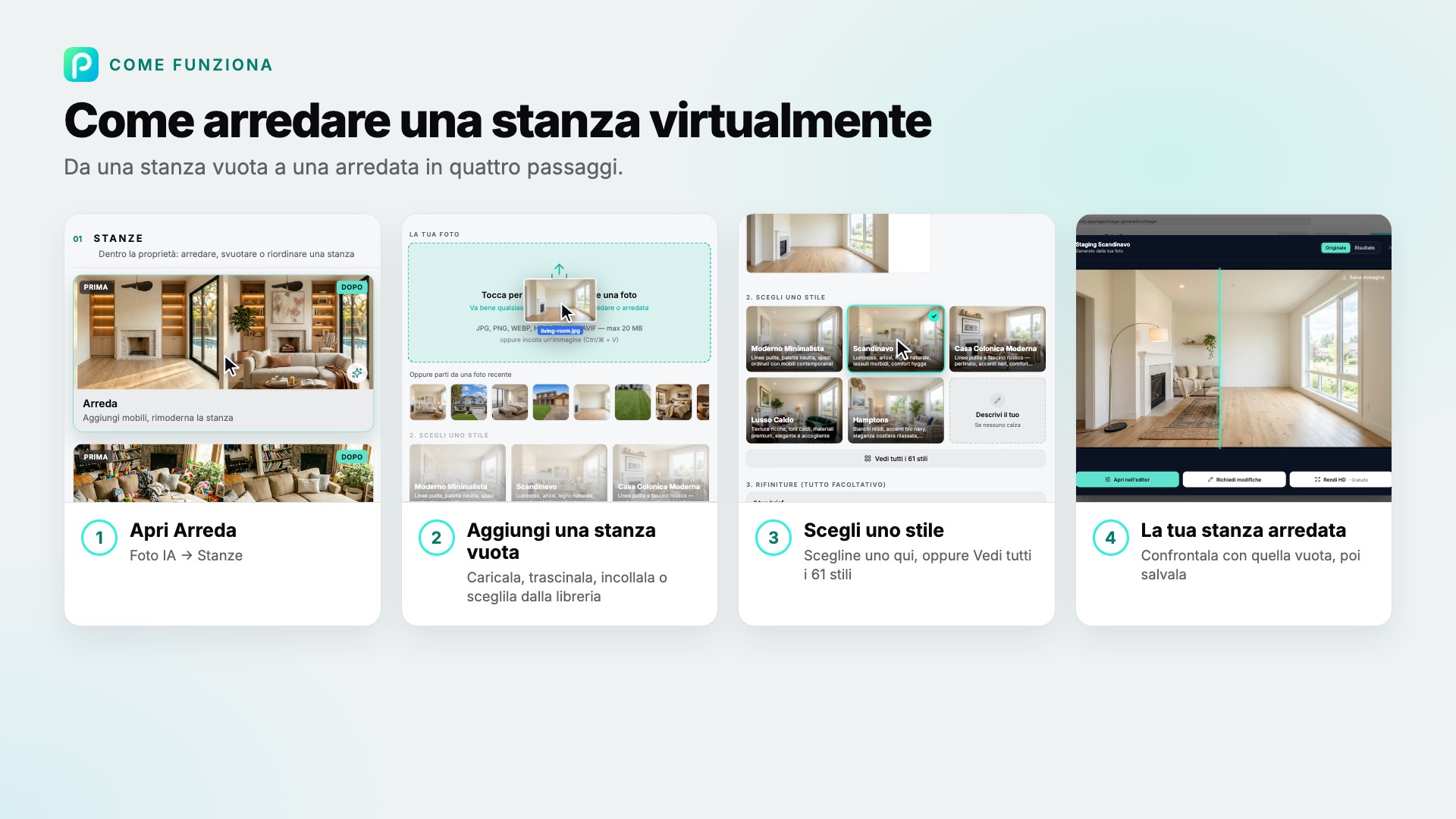 I passaggi di Arreda in Pixly, con uno screenshot di ciascuno