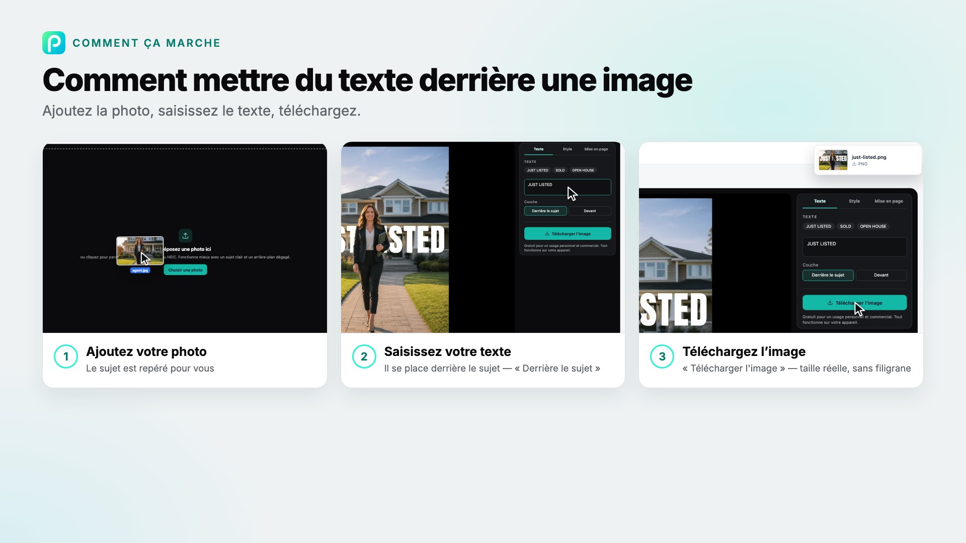 Les étapes de Texte derrière l'image dans Pixly, avec une capture de chacune