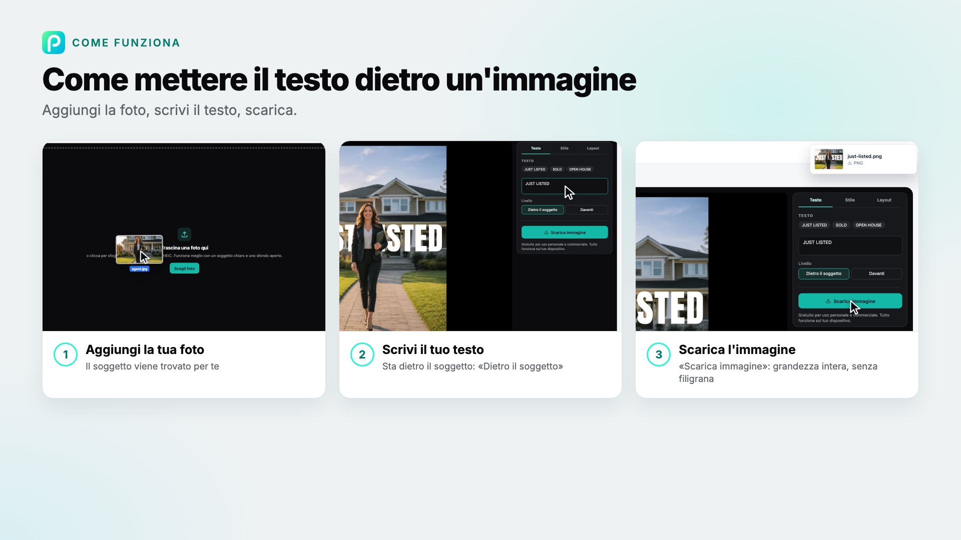 I passaggi di Testo dietro l'immagine in Pixly, con uno screenshot di ciascuno