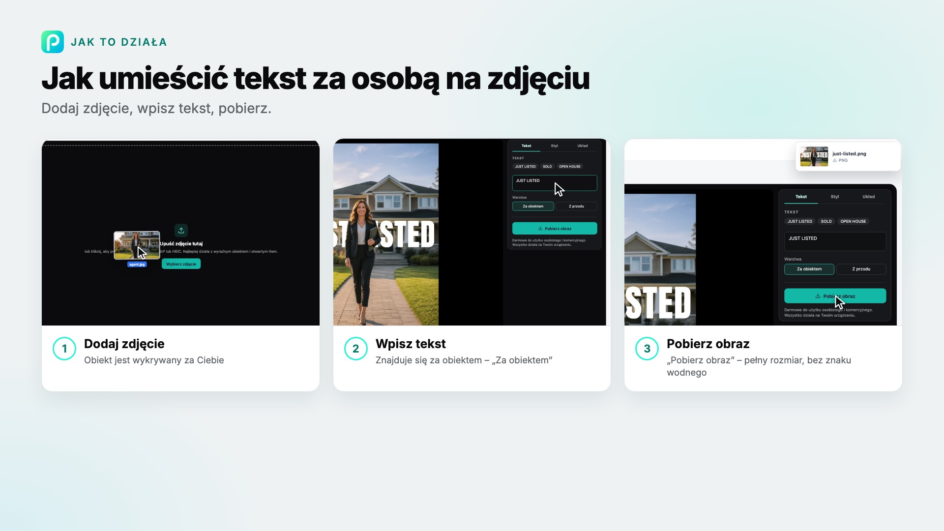 Kroki narzędzia „Tekst za zdjęciem” w Pixly, ze zrzutem ekranu każdego