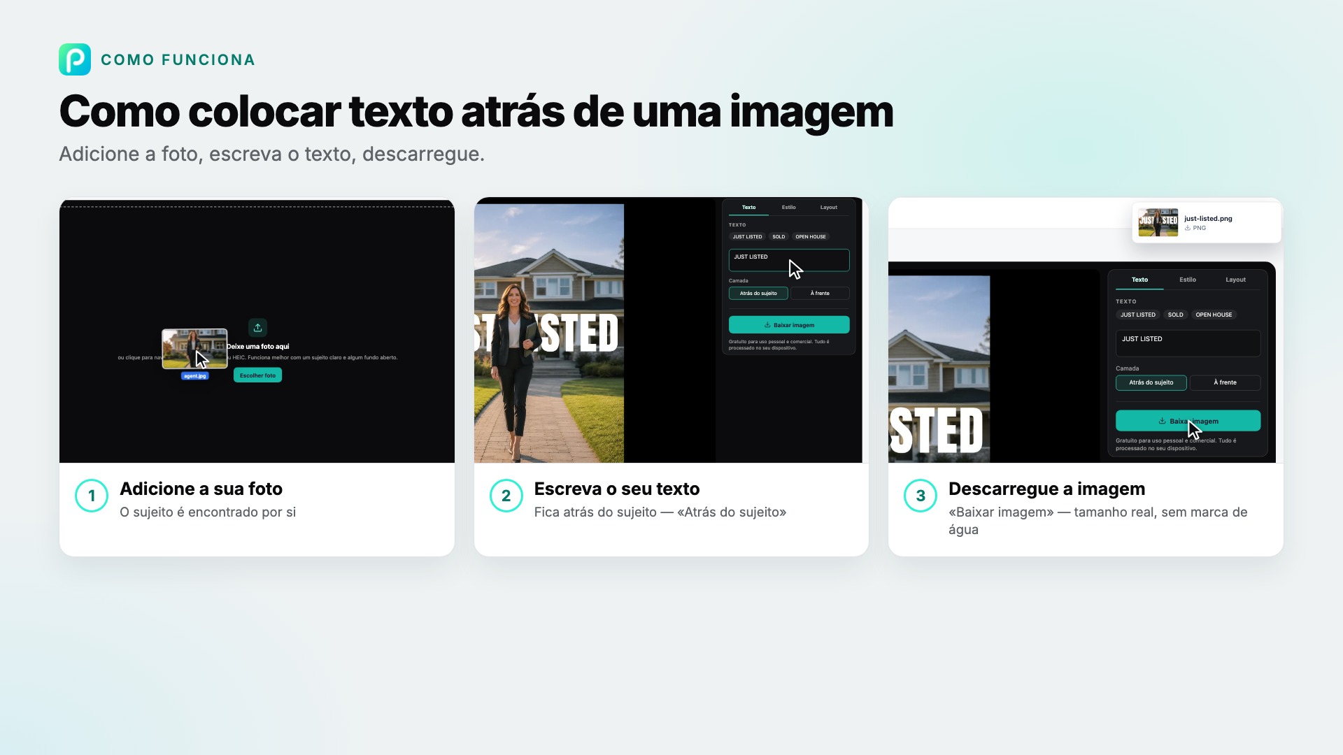 Os passos de Texto atrás da imagem no Pixly, com capturas de cada um