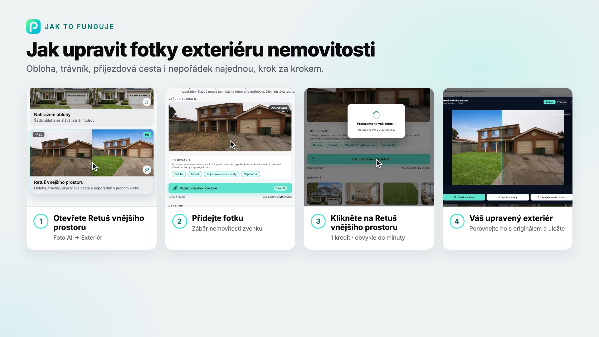 Kroky nástroje Retuš vnějšího prostoru v Pixly se snímkem každého z nich
