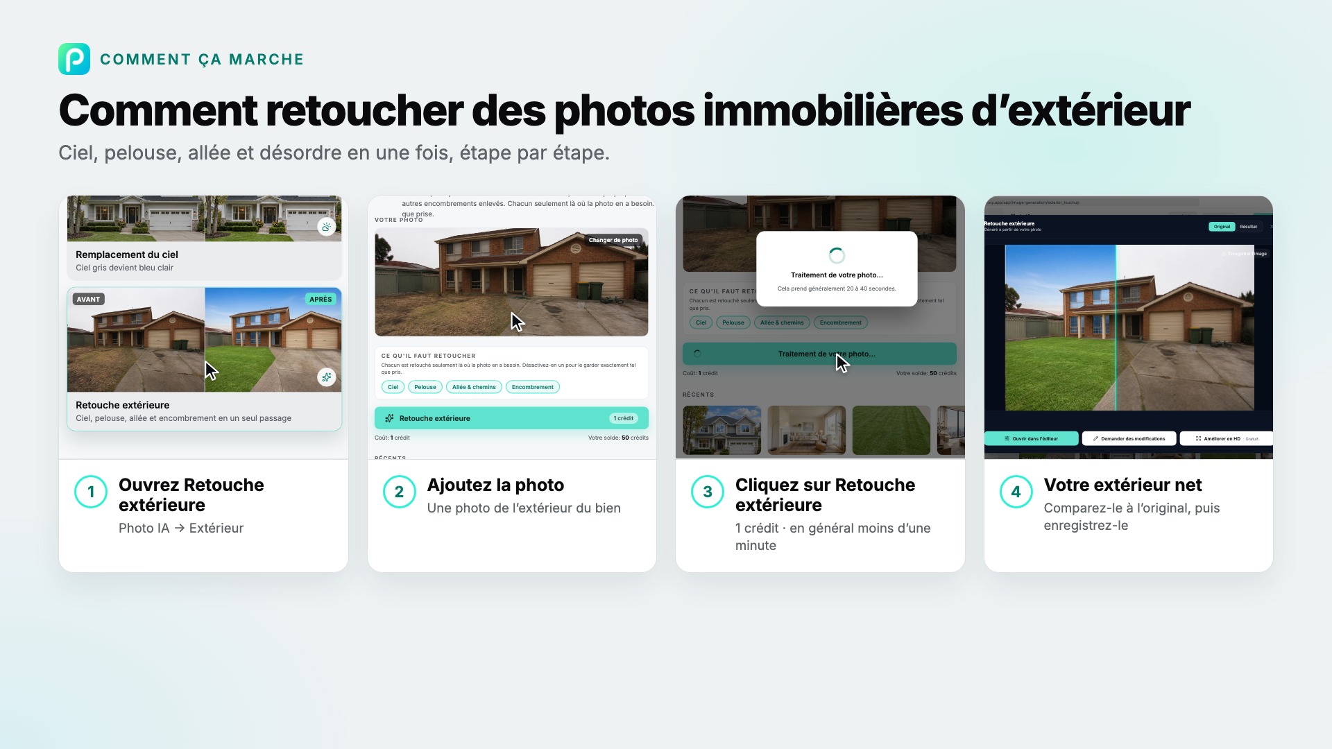 Les étapes de Retouche extérieure dans Pixly, avec une capture de chacune