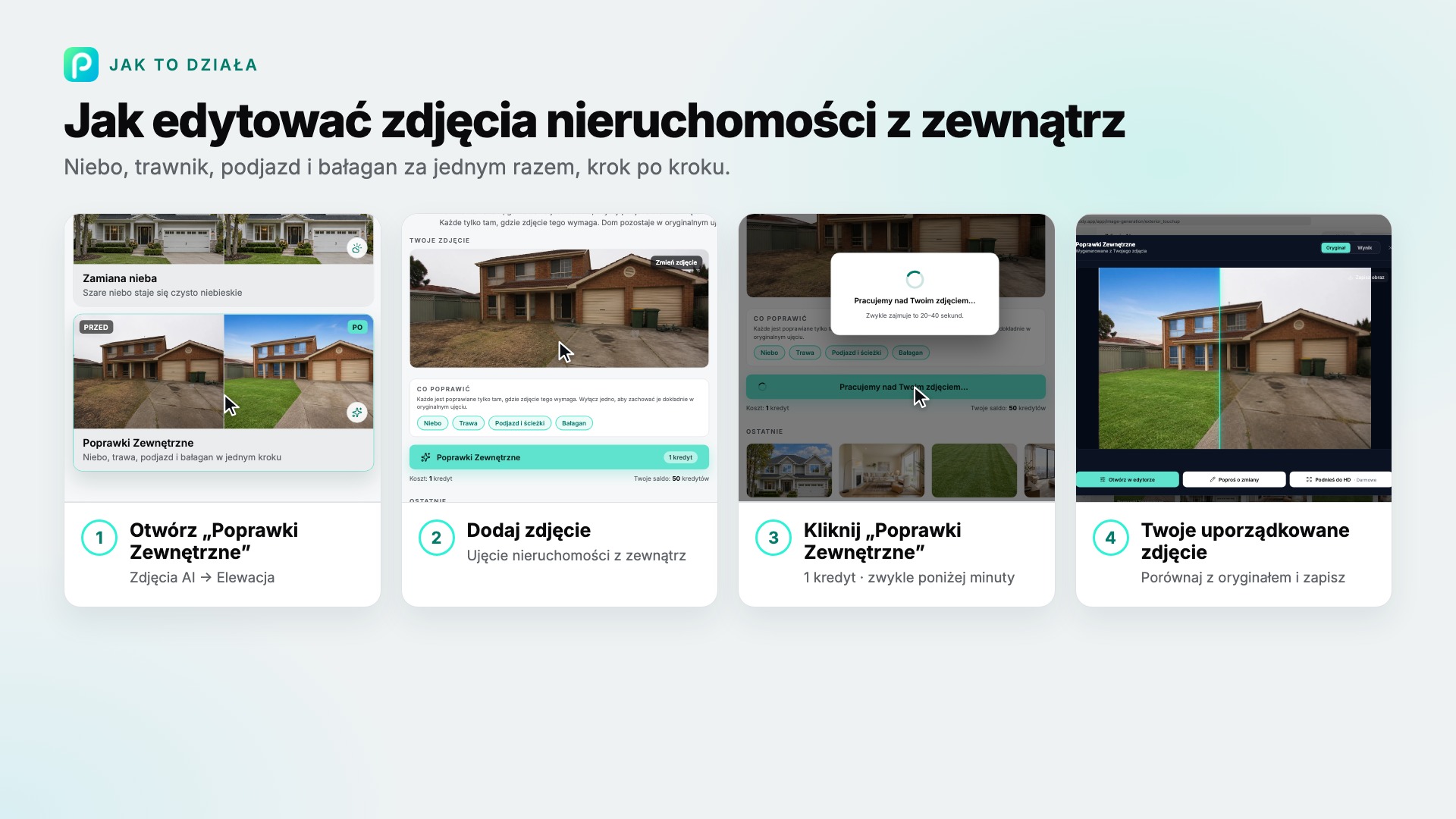 Kroki narzędzia „Poprawki Zewnętrzne” w Pixly, ze zrzutem ekranu każdego