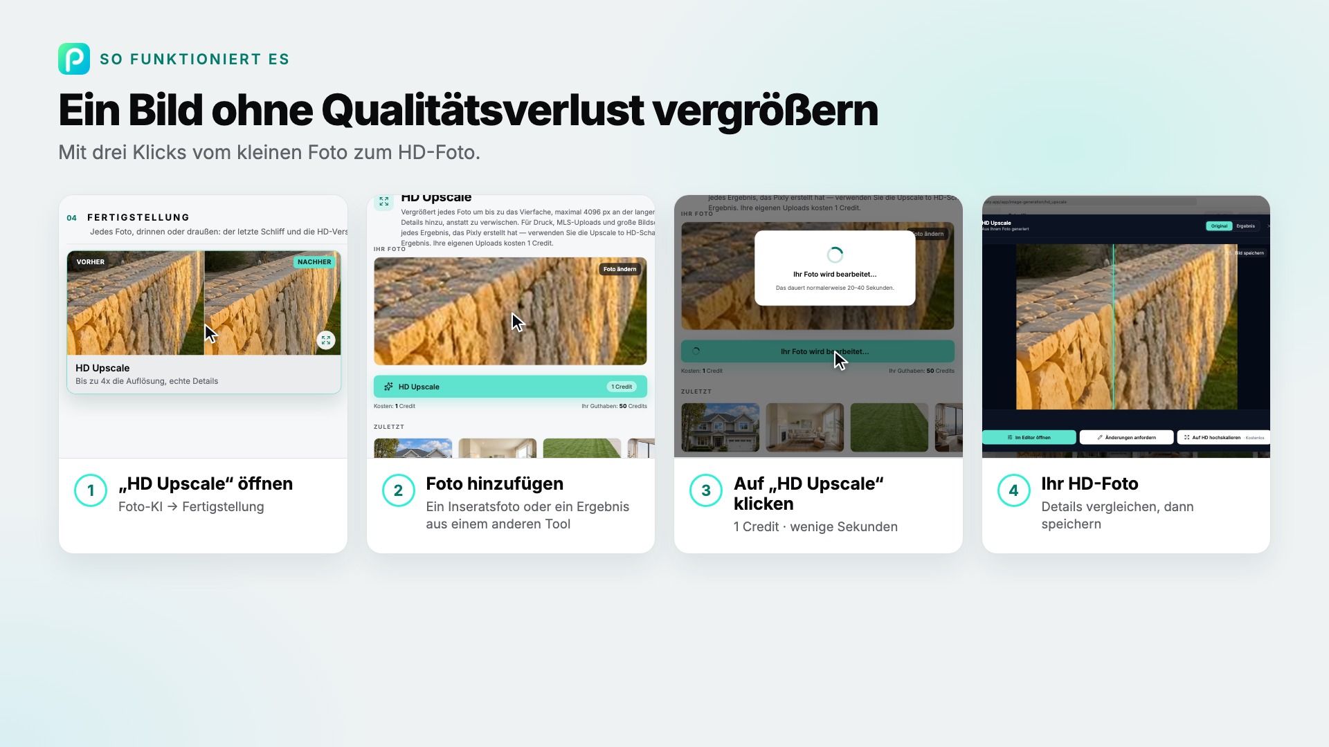 Die Schritte von „HD Upscale“ in Pixly, mit Screenshots
