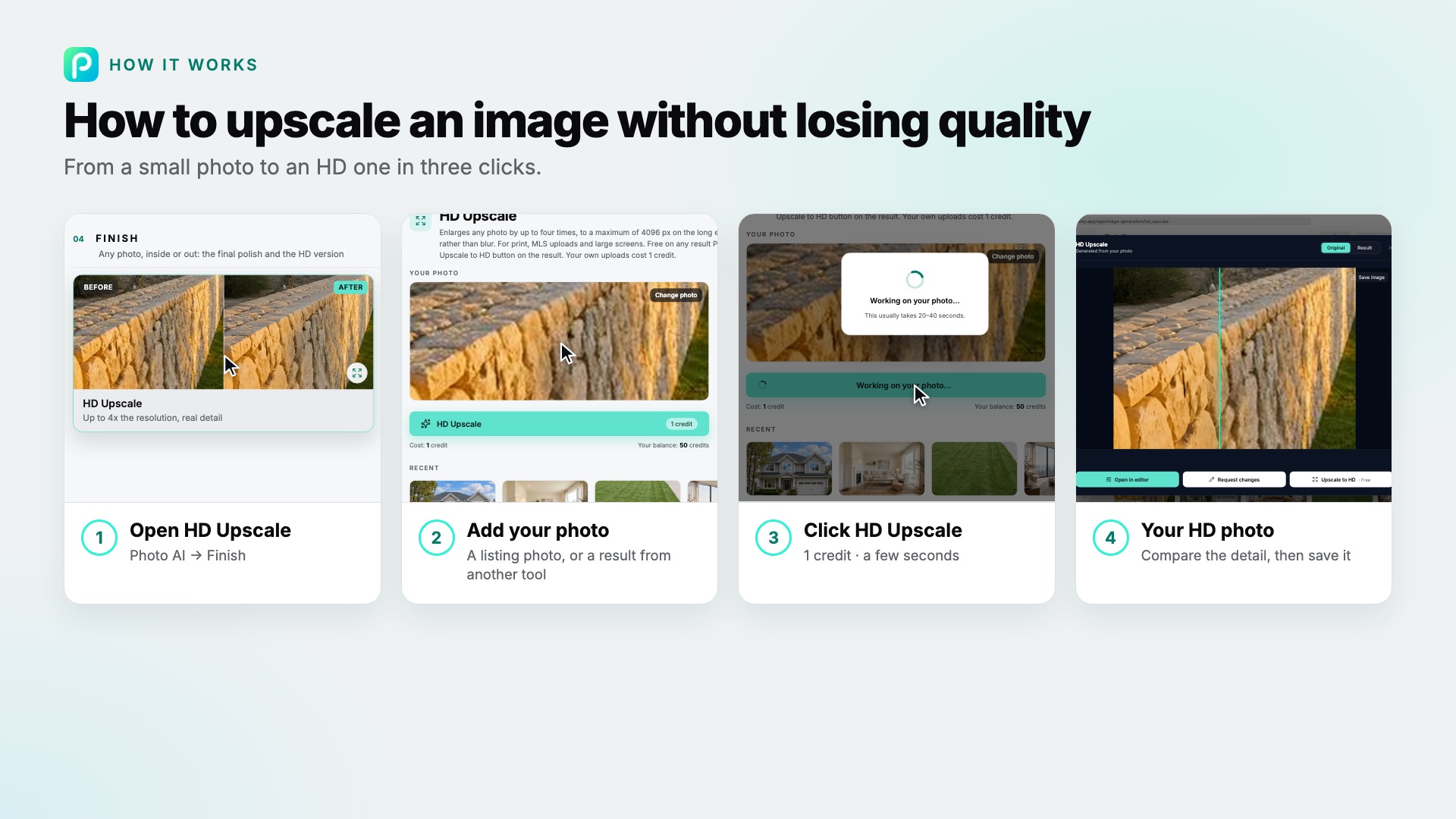 The HD Upscale steps in Pixly, with screenshots of each
