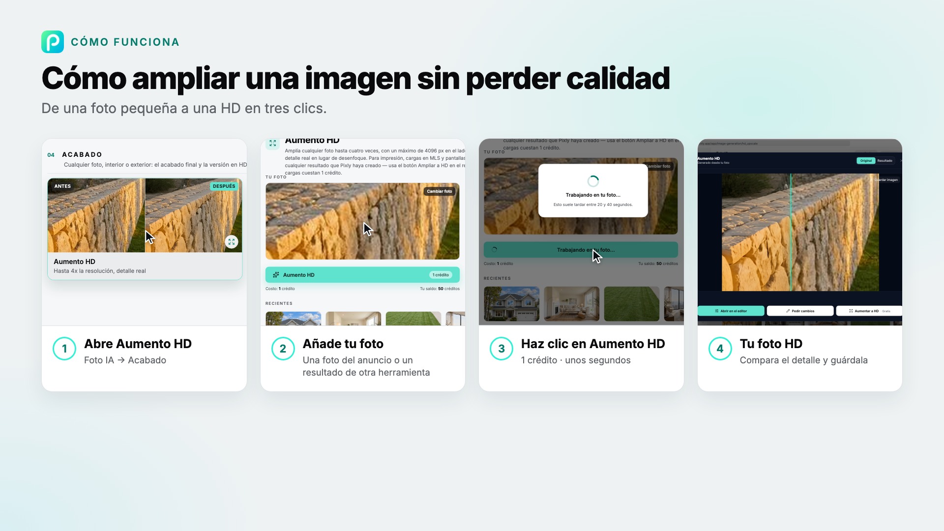 Los pasos de Aumento HD en Pixly, con capturas de cada uno