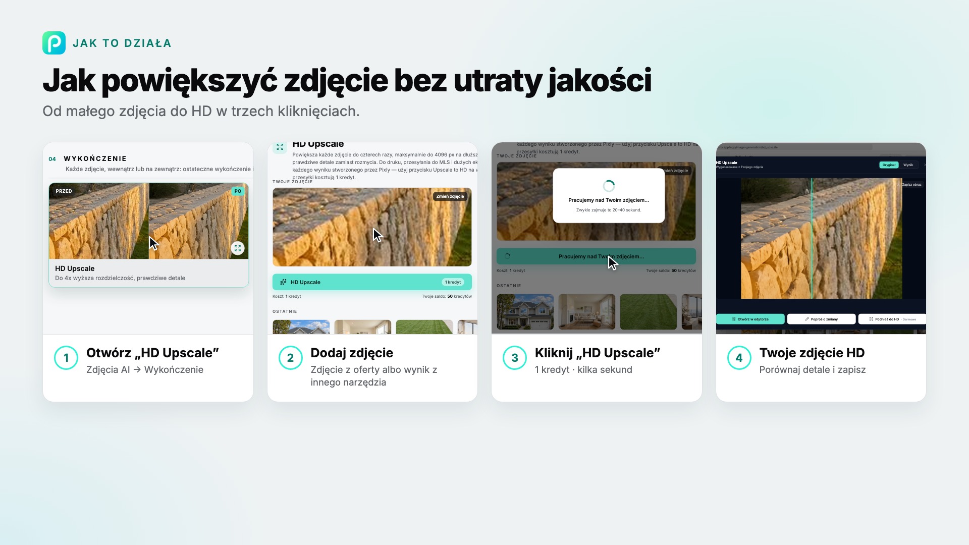 Kroki narzędzia „HD Upscale” w Pixly, ze zrzutem ekranu każdego