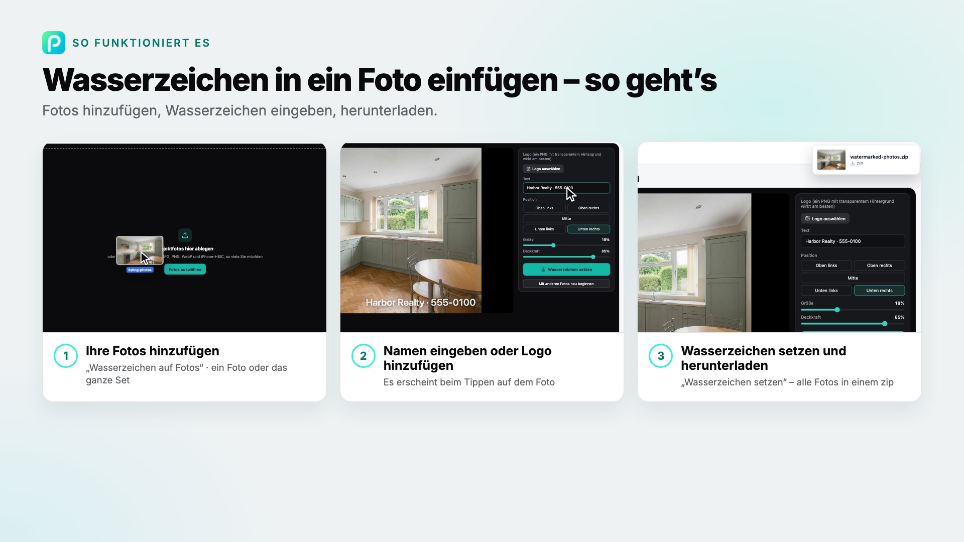 Die Schritte von „Wasserzeichen auf Fotos“ in Pixly, mit Screenshots