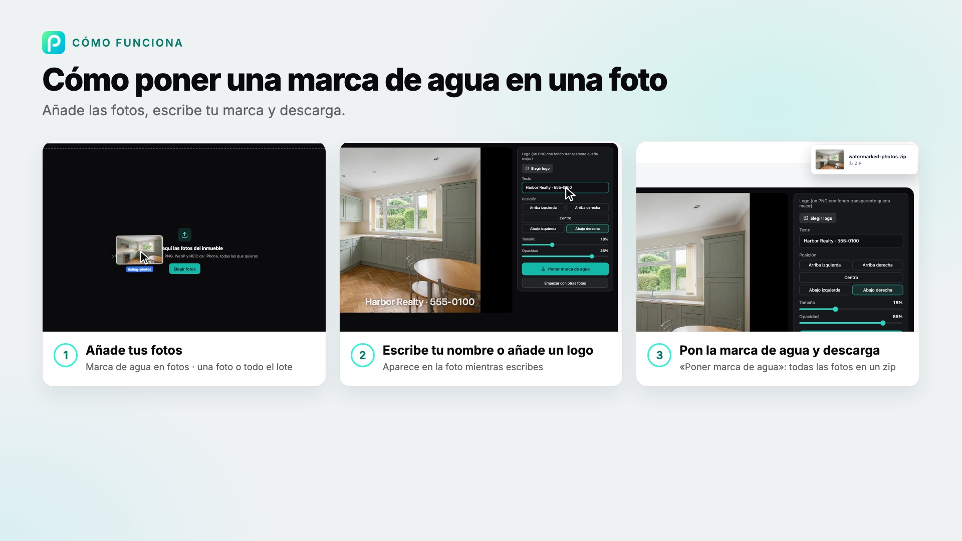 Los pasos de Marca de agua en fotos en Pixly, con capturas de cada uno