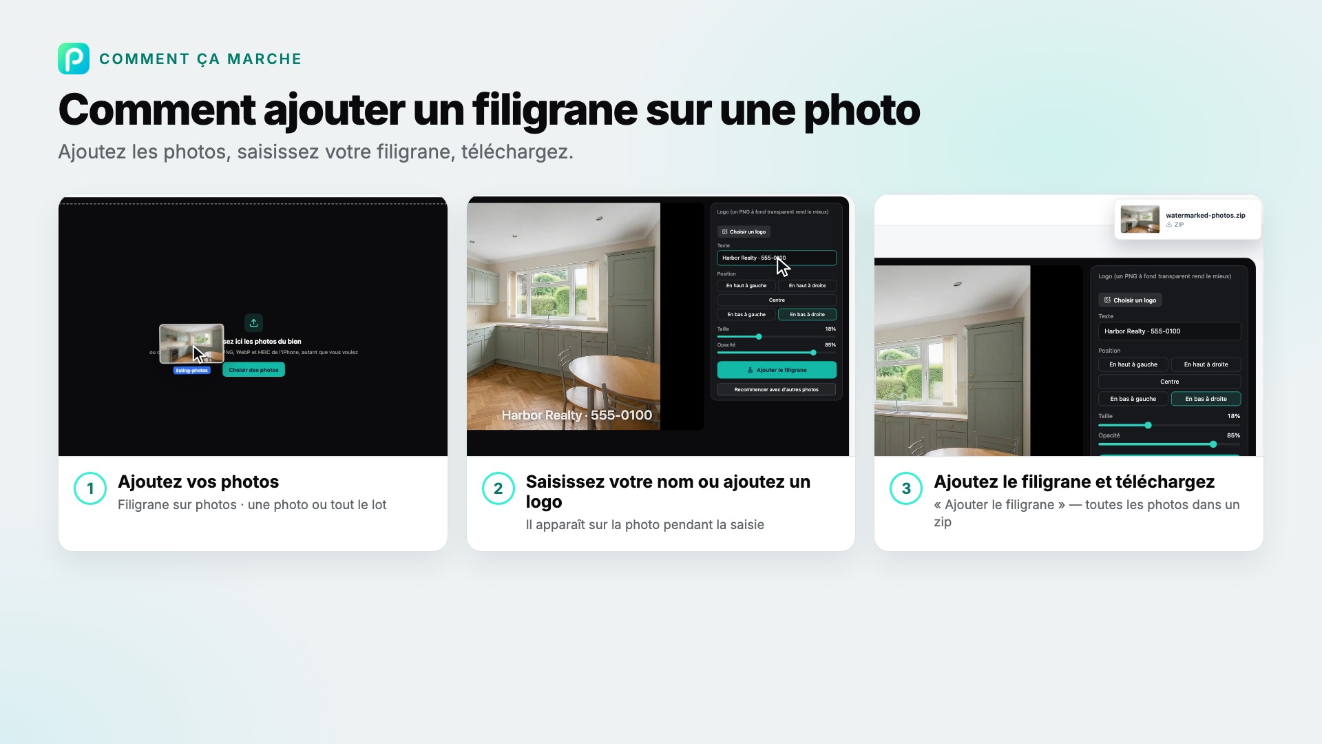 Les étapes de Filigrane sur photos dans Pixly, avec une capture de chacune