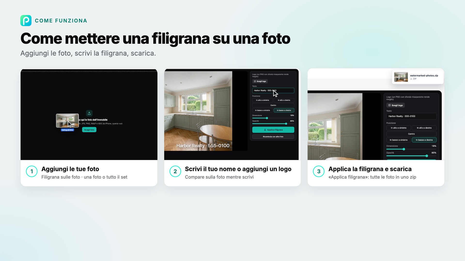 I passaggi di Filigrana sulle foto in Pixly, con uno screenshot di ciascuno