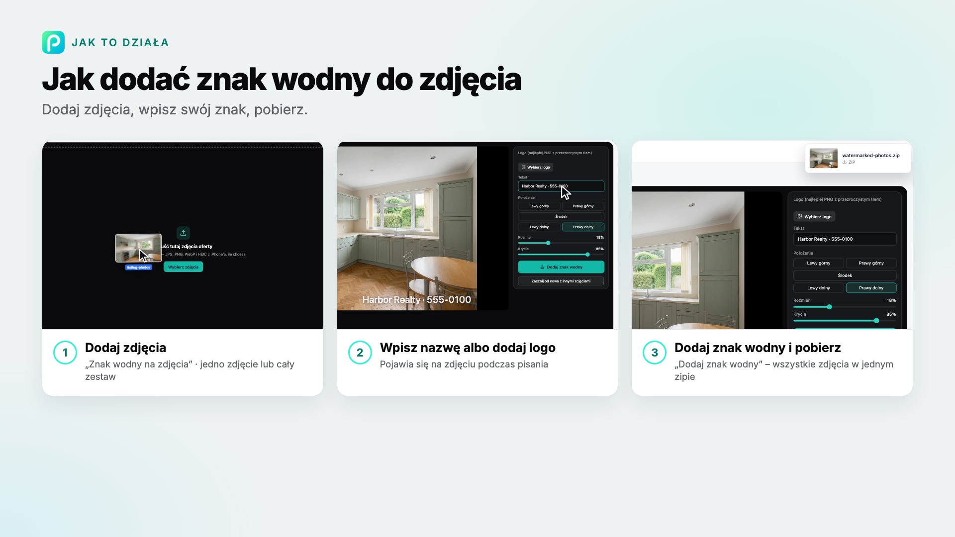 Kroki narzędzia „Znak wodny na zdjęcia” w Pixly, ze zrzutem ekranu każdego