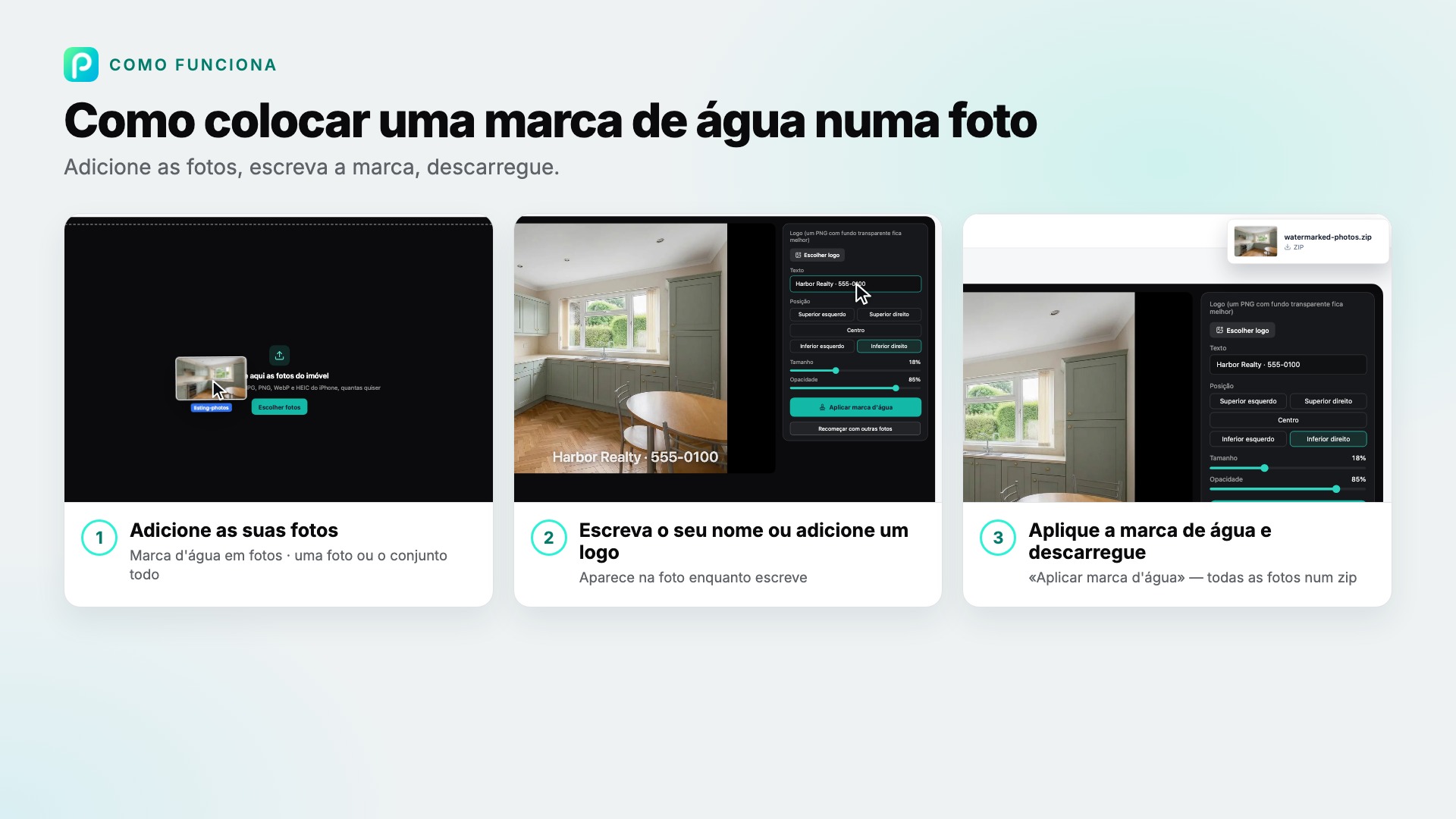 Os passos de Marca d'água em fotos no Pixly, com capturas de cada um